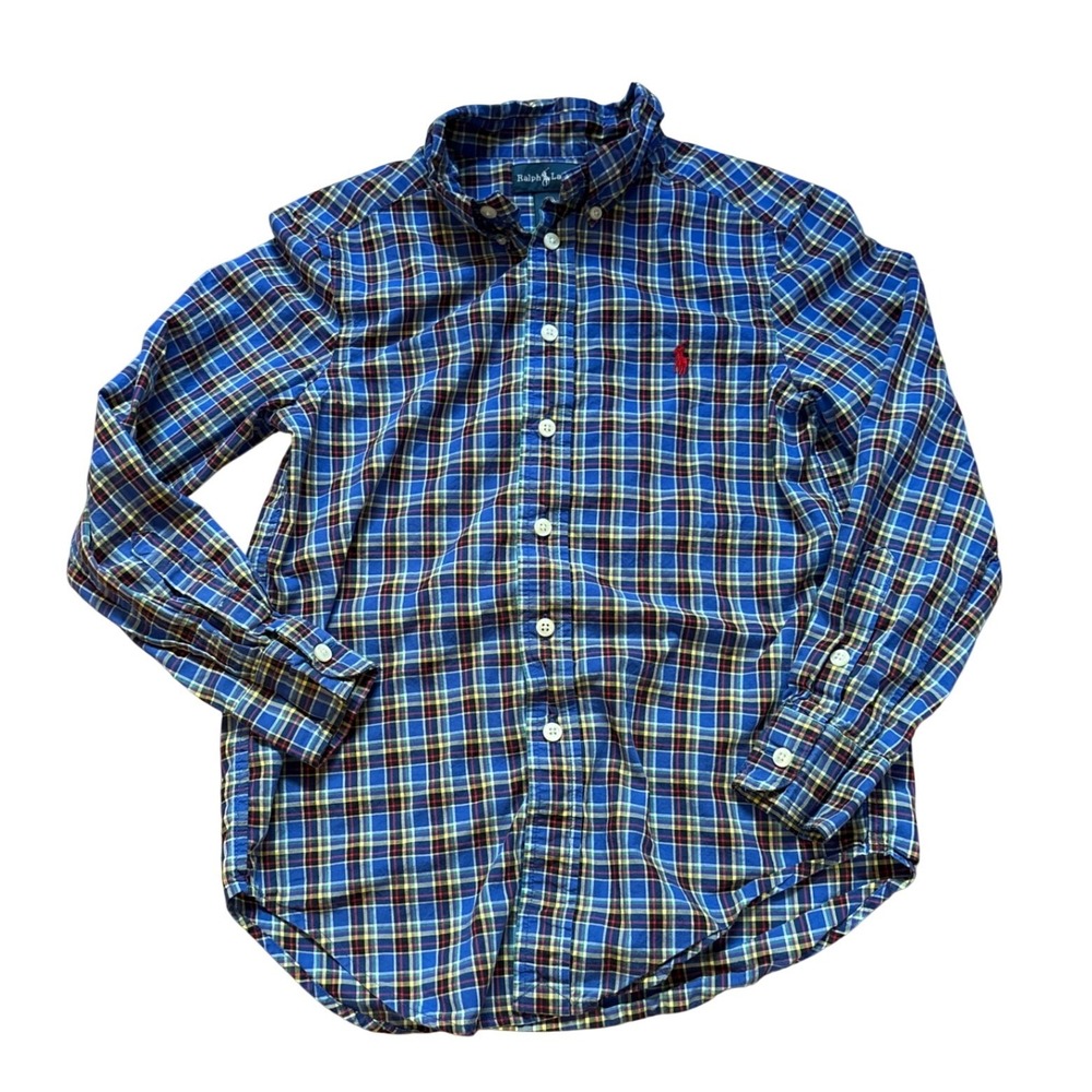 Ralph Lauren Plaid Button Down Kids Blue Excellent Long Sleeve Pony SIZE 10-12